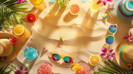Summer Solstice Vibes. A Beachy Flat Lay with Sunglasses, Sunhat, and Tropical Drinks Surrounded by Lush Greenery. A Festive Border. Background Copy Space for text.