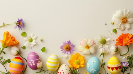 Fototapeta na wymiar Easter Celebration Frame. A Cheerful Arrangement of Decorated Eggs and Fresh Spring Florals Creating a Festive Border. Pastel Easter Eggs Adorned with Patterns Nestled Among Blossoming Flowers.