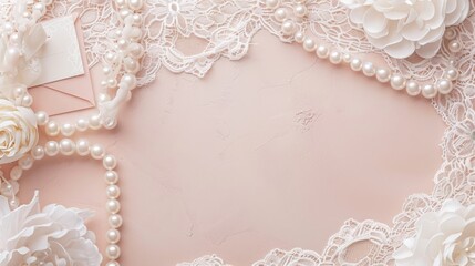 Delicate white lace and lustrous pearls frame a soft pink background, evoking elegance and romance, perfect for a bridal shower invitation or wedding theme. Flat lay, top view, copy space.