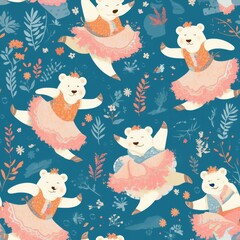 Graceful bears in tutus perform ballet among pine trees, creating a whimsical seamless pattern background, perfect for children wallpaper or playful fabric designs.