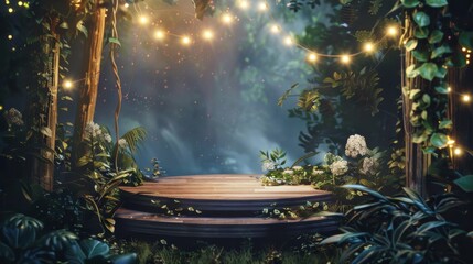 An enchanting forest setting featuring a wooden podium illuminated by fairy lights, surrounded by lush foliage and the gentle glow of twilight, creating a magical product display.