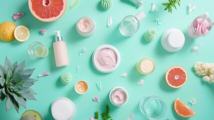 A vibrant flat lay of skincare products with natural elements. The array of creams, lotions, and serums is interspersed with slices of grapefruit, lemons, and greenery on a teal background. - obrazy, fototapety, plakaty