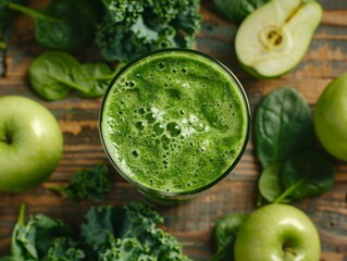 A freshly blended green smoothie radiates vitality in a tall glass, surrounded by its wholesome ingredients: crisp apples, leafy greens, and vibrant spinach.