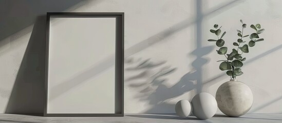 A simple white vase and a sleek black frame elegantly displayed on a wooden table