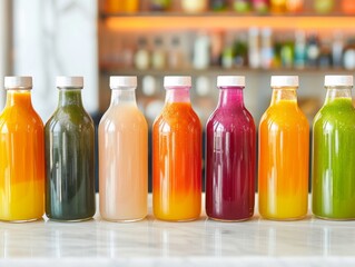 A spectrum of colorful juice bottles lined up against a marbled background, each brimming with nutritious fruit and vegetable blends for a detoxifying feast.