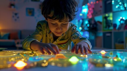 A young child explores a magical AR educational game, bathed in colorful lights with a Christmas tree backdrop, merging play with futuristic learning.