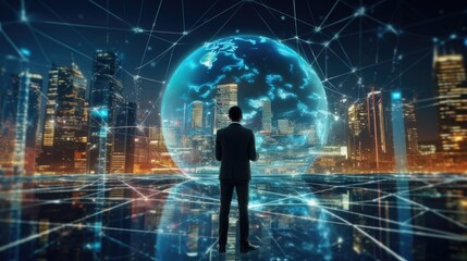 Businessman generating wireframe business global network connection on worldwide digital marketing customer data analytics. Globalization strategy and smart city technology virtual AI theme
