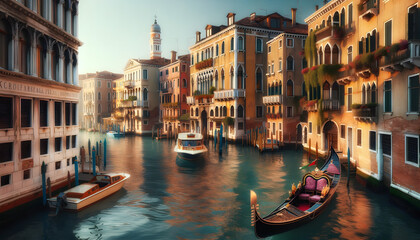 Fototapeta premium A photograph of Venetian canal with historic buildings lining the waterway. A traditional gondola, ornately decorated and moored by the side, adds a touch of Venice's iconic charm