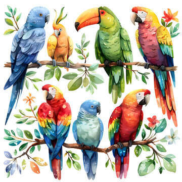 Set of parrot birds watercolor isolated on white background. Vector illustration