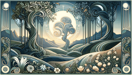 Art Nouveau-inspired landscape for you, capturing the essence of this artistic style with sinuous trees, undulating hills, and a moonlit sky, all intertwined with intricate floral and faunal motifs