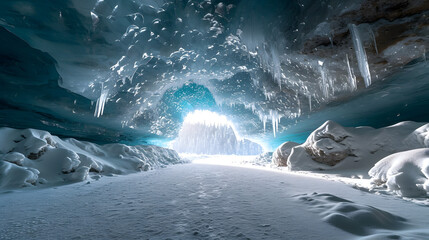 Ice caves during winter, capturing the mesmerizing formations and the way light interacts with the ice
