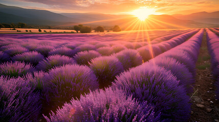 Lavender fields during the golden hour. The warm sunlight can enhance the vibrant purples and...