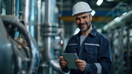 industry worker is using tablet in factory while smiling a the camera. Generative AI
