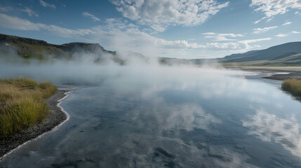 Geothermal areas with bubbling hot springs. Capture the dynamic and surreal landscape created by these natural features