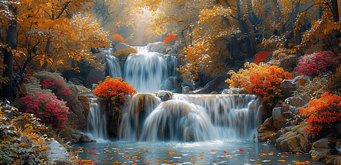 Waterfall in autumn. Created with Ai - obrazy, fototapety, plakaty
