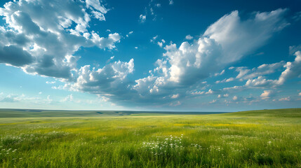 Fluffy clouds in pastel colors over expansive meadows. The softness of the clouds can complement...
