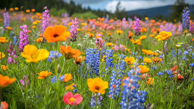 Fields with an abundance of wildflowers. Capture the waves of colors as different flowers bloom and create a vibrant tapestry