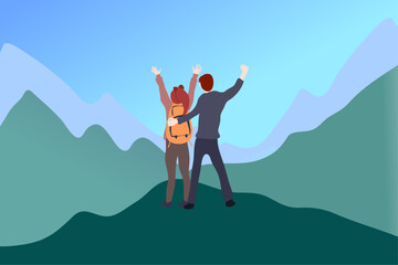Successful hiking man and woman arms raised on top omuntain, the concept of teamwork, challenges and accomplishment in business. Hand-drawn, vector illustration.