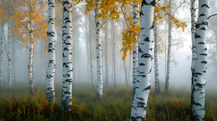 Foto auf Glas Birch tree groves during foggy mornings. The mist surrounding the white trunks can create a sense of enchantment © Samira
