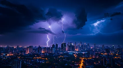 Fotobehang City skylines during nighttime lightning storms. The contrast between urban lights and natural lightning can be electrifying © Samira