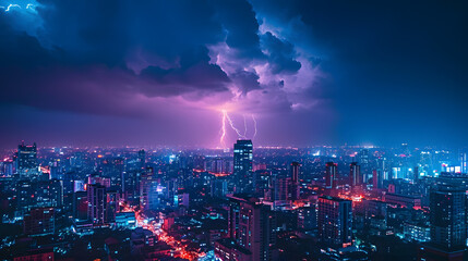 City skylines during nighttime lightning storms. The contrast between urban lights and natural lightning can be electrifying - obrazy, fototapety, plakaty
