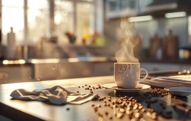 A warm, inviting photo capturing a steaming cup of coffee surrounded by scattered coffee beans on a kitchen counter during golden hour