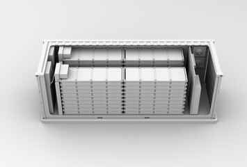 Clay rendering of Containerized Battery Energy Storage System. Cutaway view. Generic design. 3D rendering image.