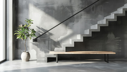 Wooden bench against grey wall and staircase. Scandinavian, rustic farmhouse interior design of modern
