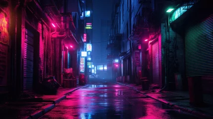 Fotobehang Dark street in cyberpunk city, gloomy alley with neon lighting © Usman