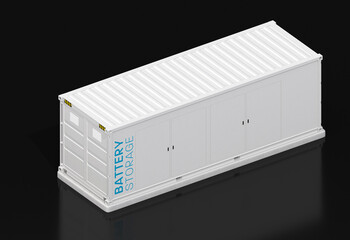 Isometric view of Containerized Battery Energy Storage System isolated on black background. Generic design. 3D rendering image.
