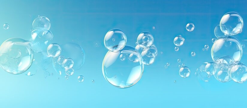 Numerous soap bubbles are drifting in the air against a serene blue background