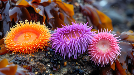 Naklejka na ściany i meble Tide pools along the shoreline to capture the diverse marine life that thrives in these small ecosystems. Look for colorful sea anemones, crabs, and tiny fish