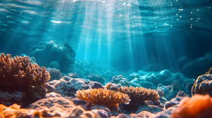 Underwater environments, explore the beauty beneath the surface. Capture marine life, coral reefs, or the play of sunlight on the ocean floor - obrazy, fototapety, plakaty