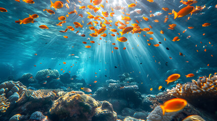 Underwater environments, explore the beauty beneath the surface. Capture marine life, coral reefs, or the play of sunlight on the ocean floor - obrazy, fototapety, plakaty