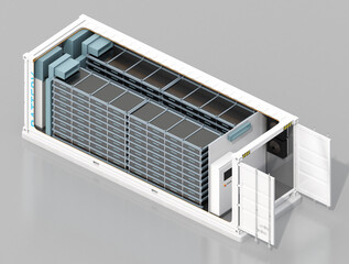 Isometric Cutaway view of Containerized Battery Energy Storage System on gray background. Generic design. 3D rendering image.
