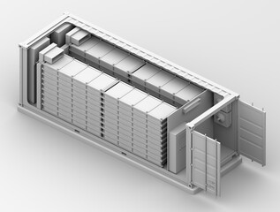 Clay rendering of Containerized Battery Energy Storage System. Isometric Cutaway view. Generic design. 3D rendering image.
