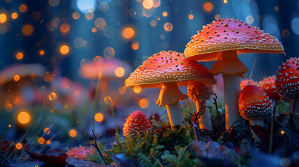 The world of mushrooms and fungi from a creative perspective. Experiment with lighting to create a whimsical or mysterious ambiance. - obrazy, fototapety, plakaty