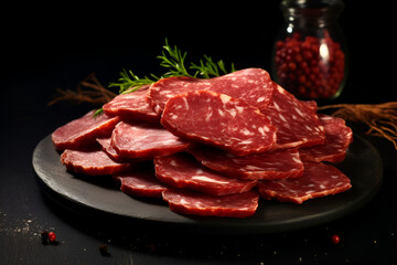 Slices of raw smoked sausage, meat served on black plate on dark background, with spices. Close-up. AI Generative