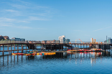 Promenade walkway at Copenhagen's public park with public swimming or boating and kayaking activities known as Kalvebod Bølge