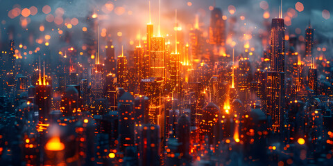 Network in smart city at night aerial view of skyscrapers and communication lines abstract energy lights on modern buildings Concept of iot future digital technology background

