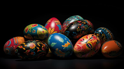 Fototapeta na wymiar Eggs painted for Easter On a black background.