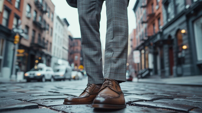 A man wearing a gray suit suit and shoes in the street High detailed,high resolution,realistic and high quality photo professional photography