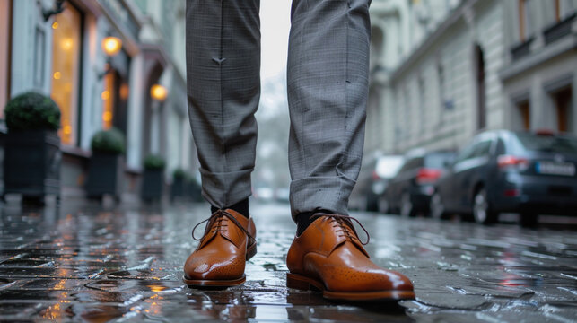 A man wearing a gray suit suit and shoes in the street High detailed,high resolution,realistic and high quality photo professional photography