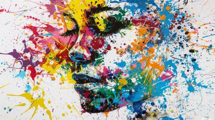 Abstract expressionist art of a face created with vibrant splashes of paint on a white background, embodying creative chaos.