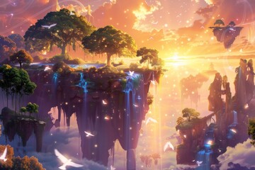 A dreamy wallpaper illustration featuring a serene riverbank at golden hour, with weeping willow trees casting long shadows, Generative AI