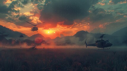 helicopters flying over the rice paddies of South Vietnam - obrazy, fototapety, plakaty