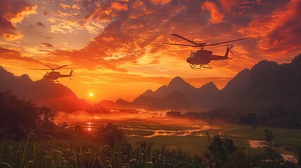 helicopters flying over the rice paddies of South Vietnam