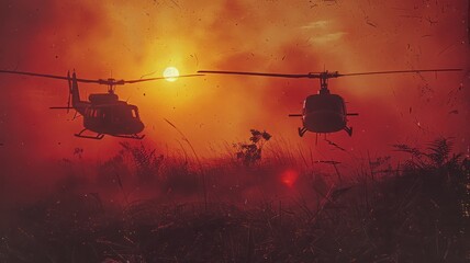 Naklejka premium helicopters flying over the rice paddies of South Vietnam