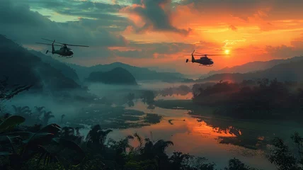 Deurstickers helicopters flying over the rice paddies of South Vietnam © bannafarsai
