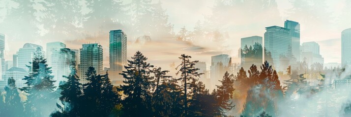 A tranquil merge of a bustling city skyline with the serene beauty of a forest, depicted in a seamless double exposure technique. - obrazy, fototapety, plakaty